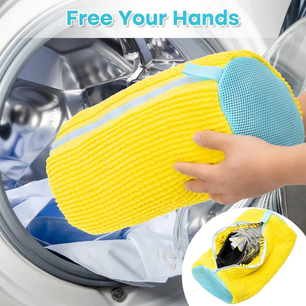 LunaXia shoe laundry bag being placed in a front-load washer