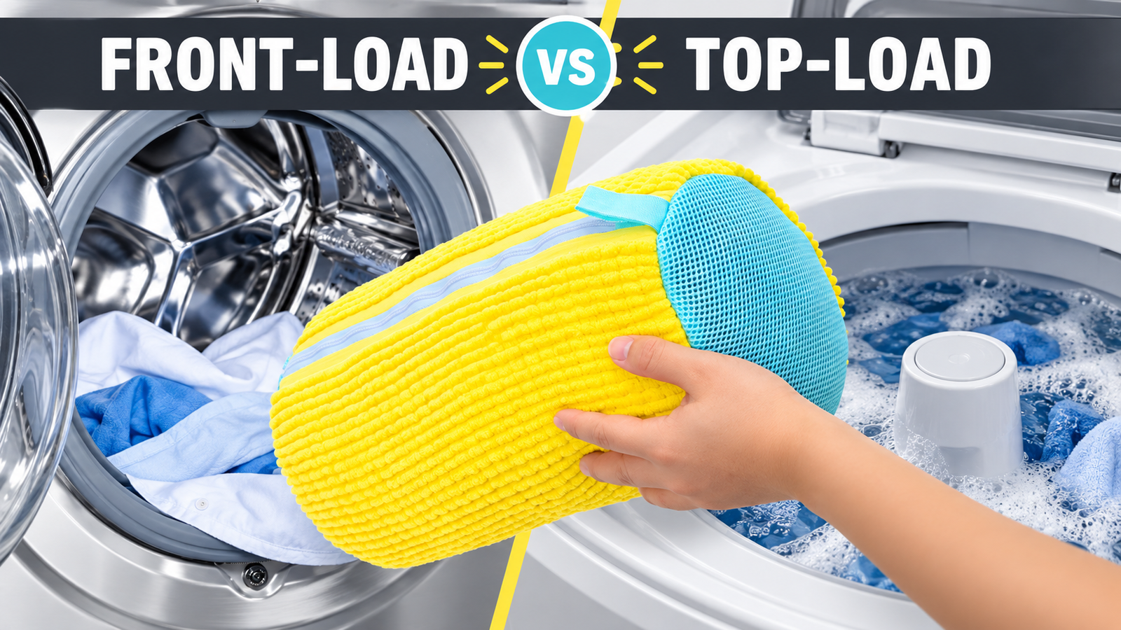 Front-Load vs Top-Load Shoe Washing LunaXia yellow shoe wash bag between front-load and top-load washing machines