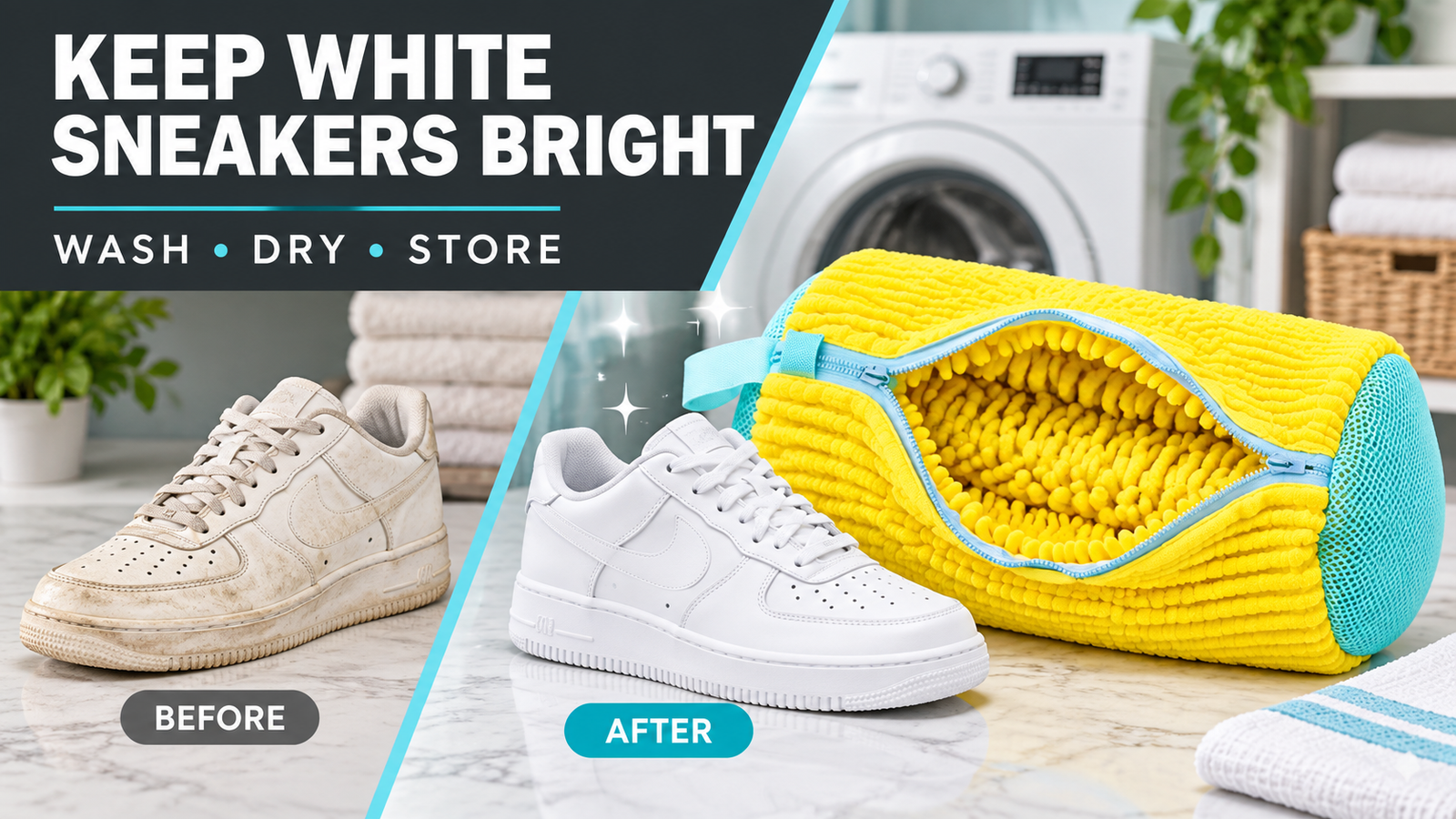 LunaXia yellow shoe wash bag with before-and-after white sneakers
